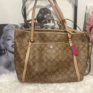 Coach Tan and Pink Signature Shoulder Bag